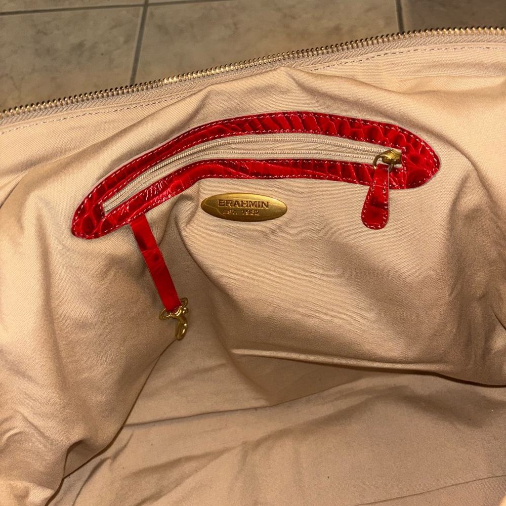 BRAHMIN MEGATOTE WINDJAMMER HANDBAG CREAM CANVAS & RED - Picture 8 of 9